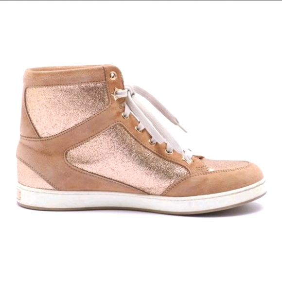 Jimmy Choo Women's Glitter High-Top Sneakers 35.5  (US5.5) Beige Gold Pre-owned - Picture 1 of 14